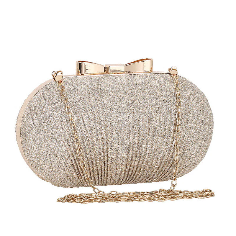 Metallic Bowknot Trim Ruched Evening Mini Clutch Bag - Gold - Image 3