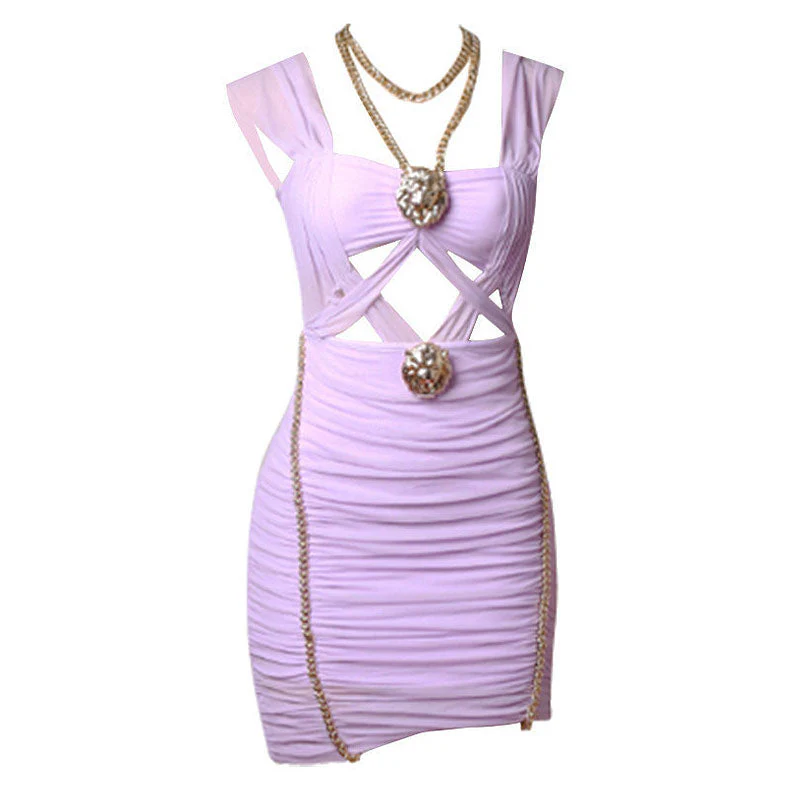 Metallic Chain Detail Sleeveless Ruched Mesh CutOut Mini Bandage Dress - Purple - Image 4