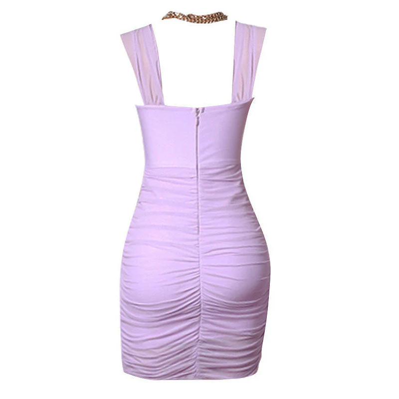 Metallic Chain Detail Sleeveless Ruched Mesh CutOut Mini Bandage Dress - Purple - Image 5
