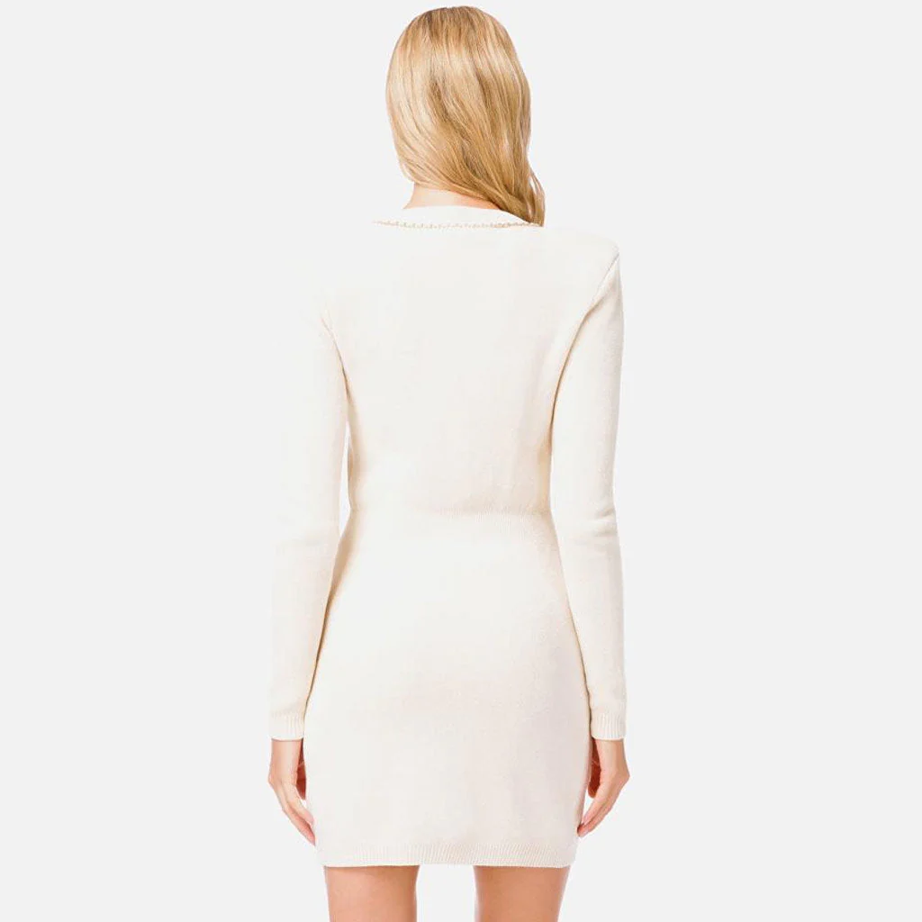 Metallic Chain Double-Breasted Long Sleeve Chenille Mini Dress - Beige - Image 4