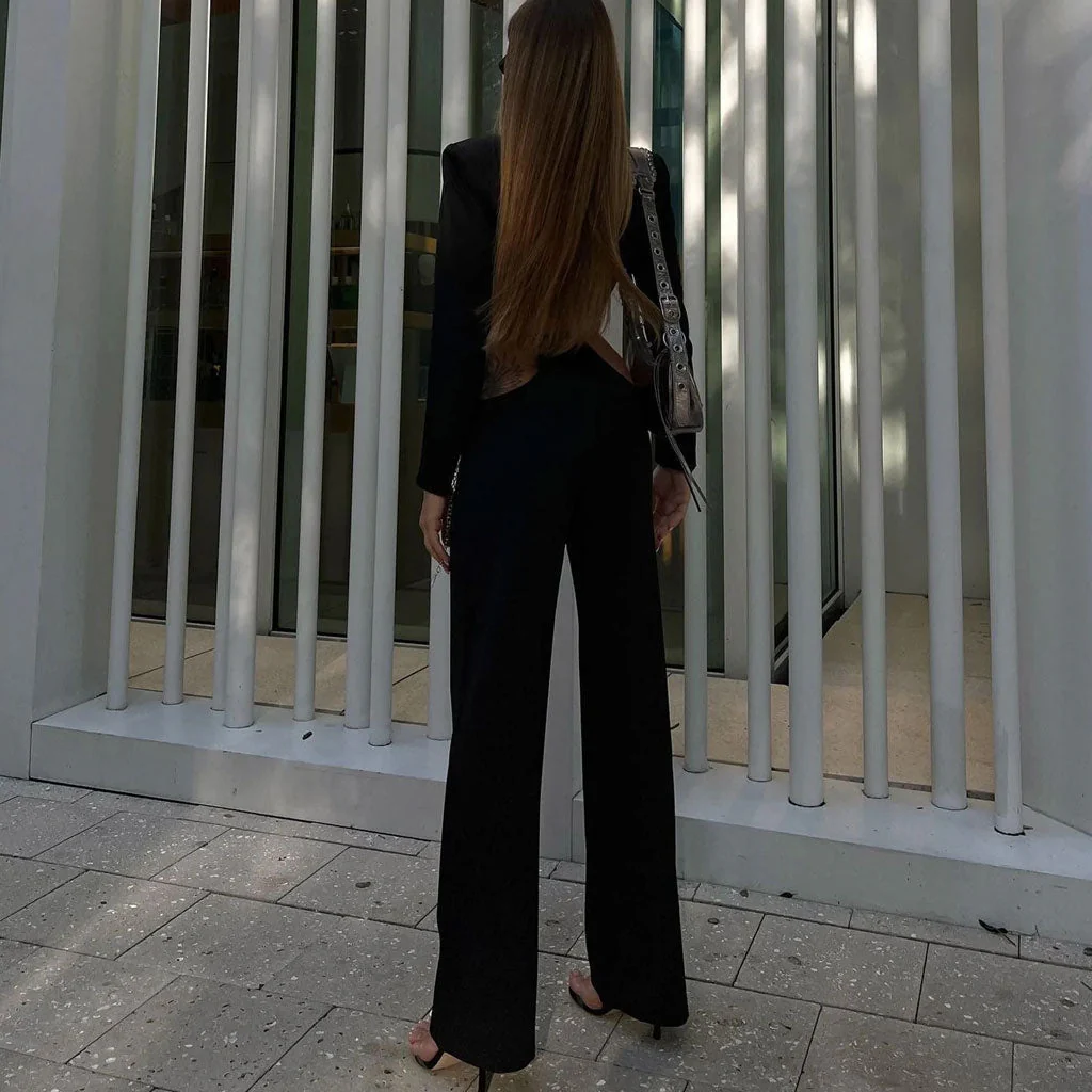 Metallic Chain Low Waist CutOut Pant Cropped Blazer Matching Set- Black - Image 2