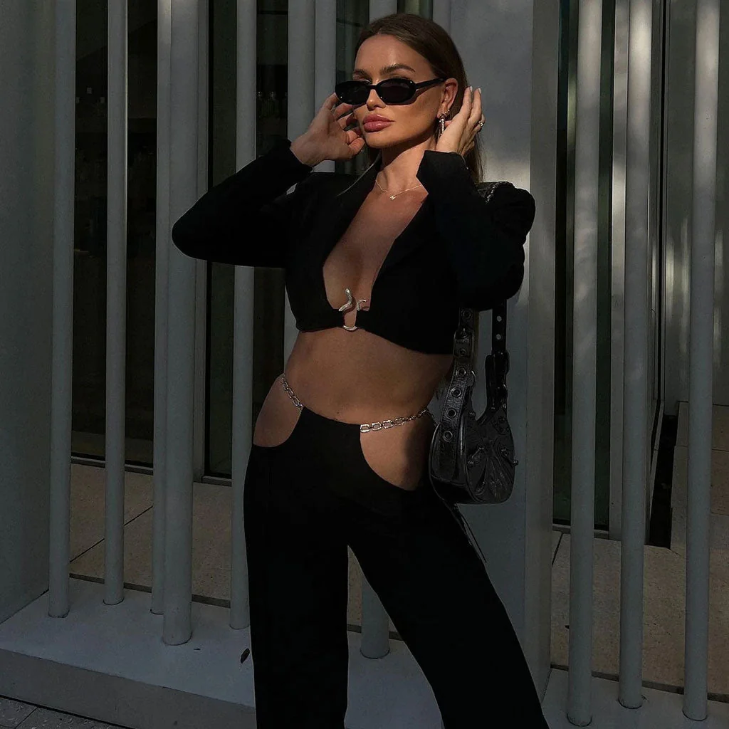 Metallic Chain Low Waist CutOut Pant Cropped Blazer Matching Set- Black - Image 3