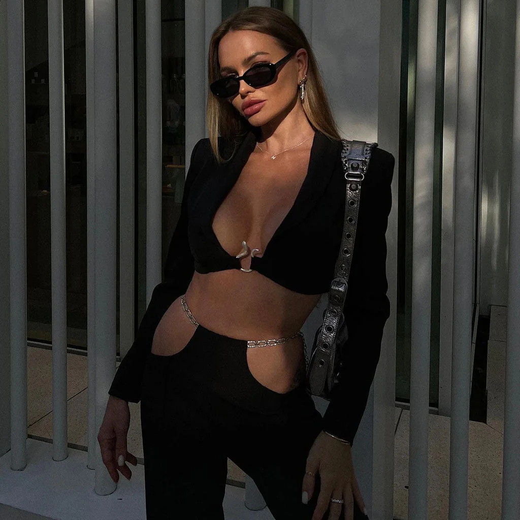 Metallic Chain Low Waist CutOut Pant Cropped Blazer Matching Set- Black - Image 4