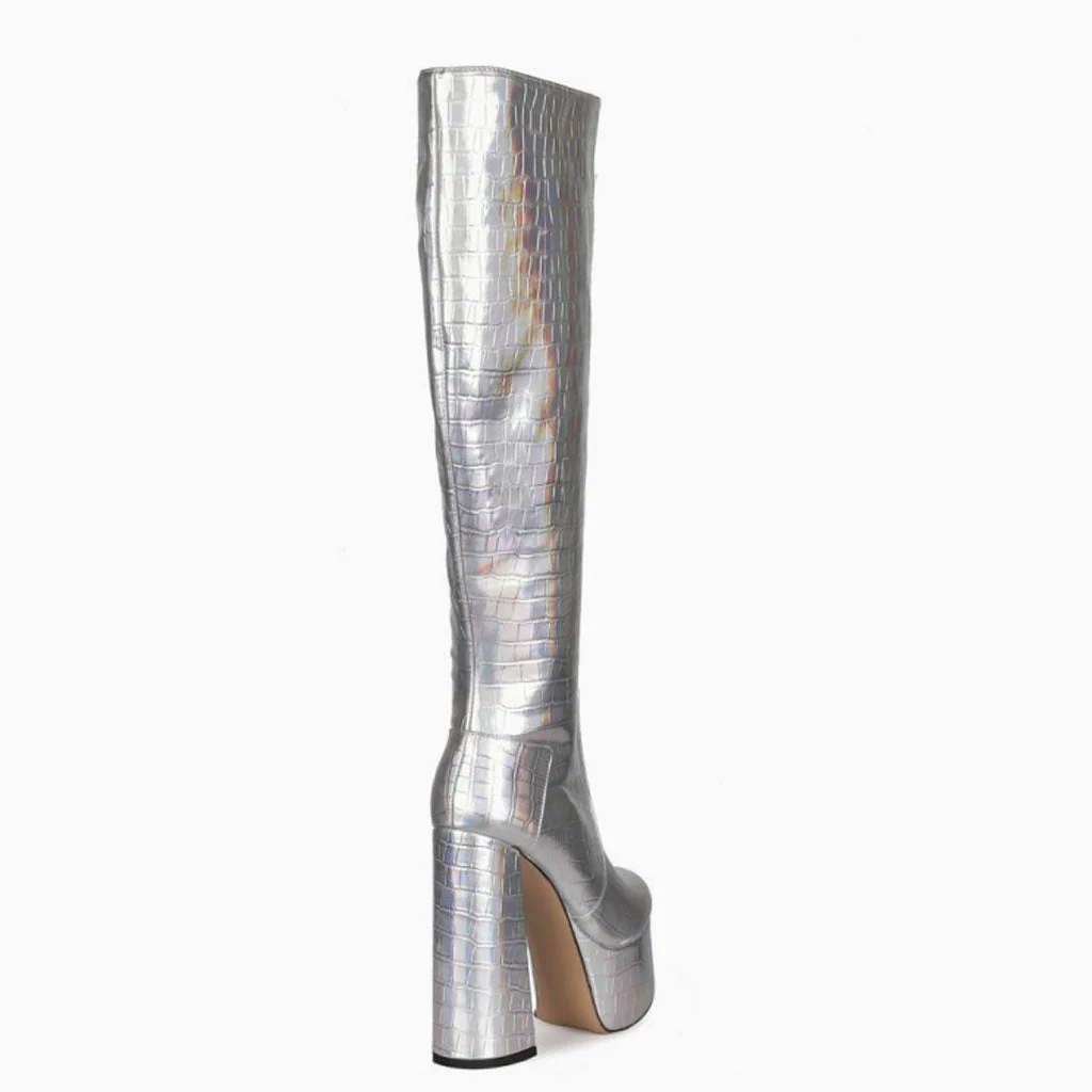 Metallic Croc Effect Knee High Platform Block Heel Boots - Silver - Image 3