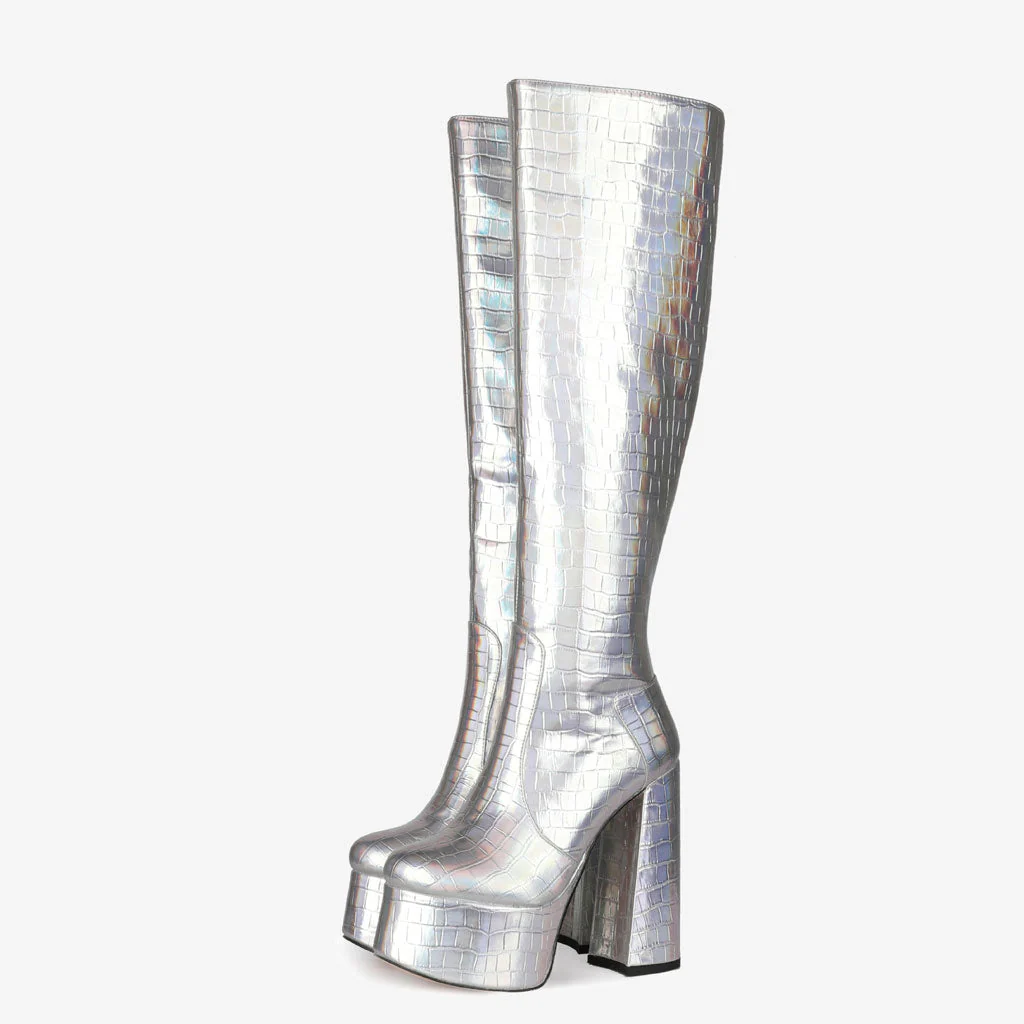 Metallic Croc Effect Knee High Platform Block Heel Boots - Silver - Image 4