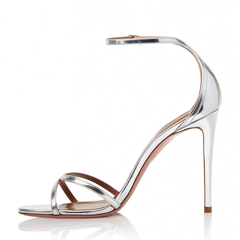 Metallic Cross Strap High Heel Leather Sandals - Silver - Image 3