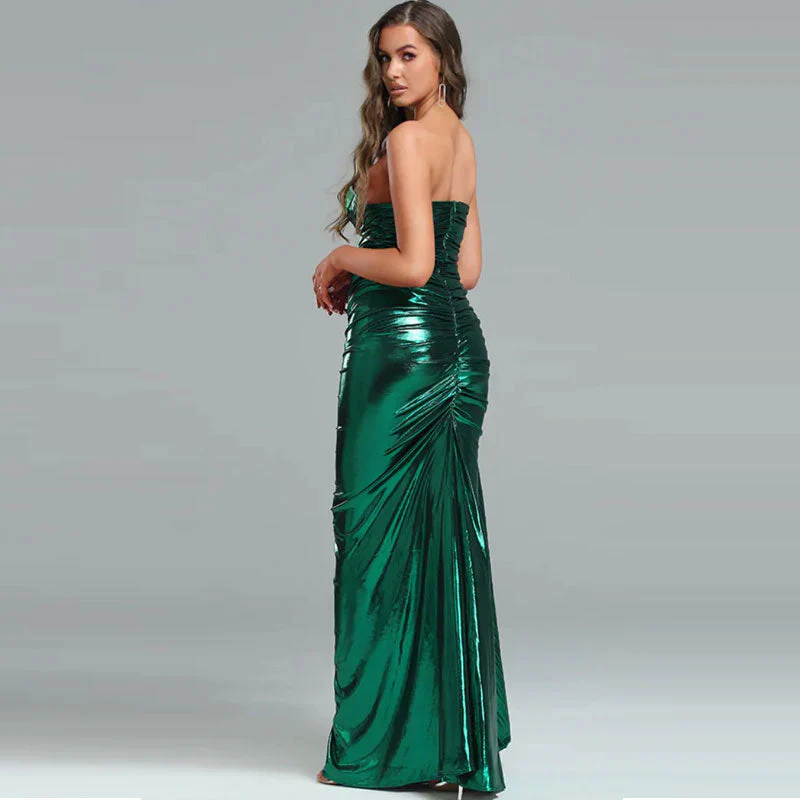 Metallic Draped Pleated Sweetheart Bustier Ruched Maxi Evening Dress - Green - Image 3