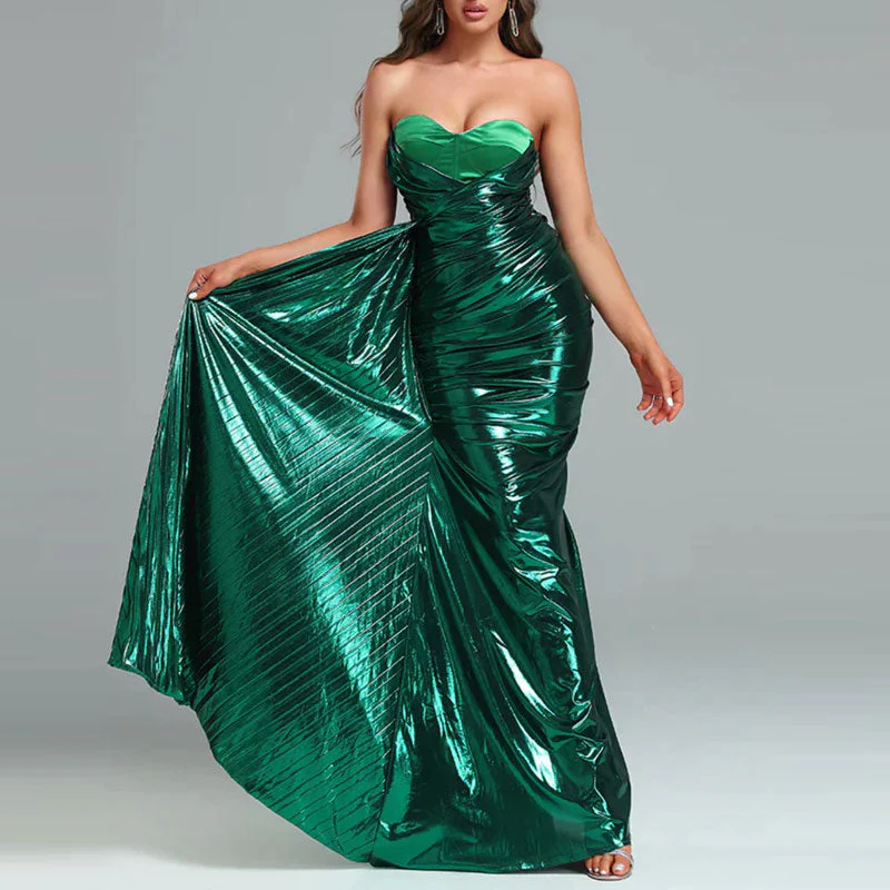 Metallic Draped Pleated Sweetheart Bustier Ruched Maxi Evening Dress - Green - Image 4