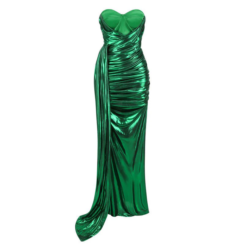 Metallic Draped Pleated Sweetheart Bustier Ruched Maxi Evening Dress - Green - Image 5