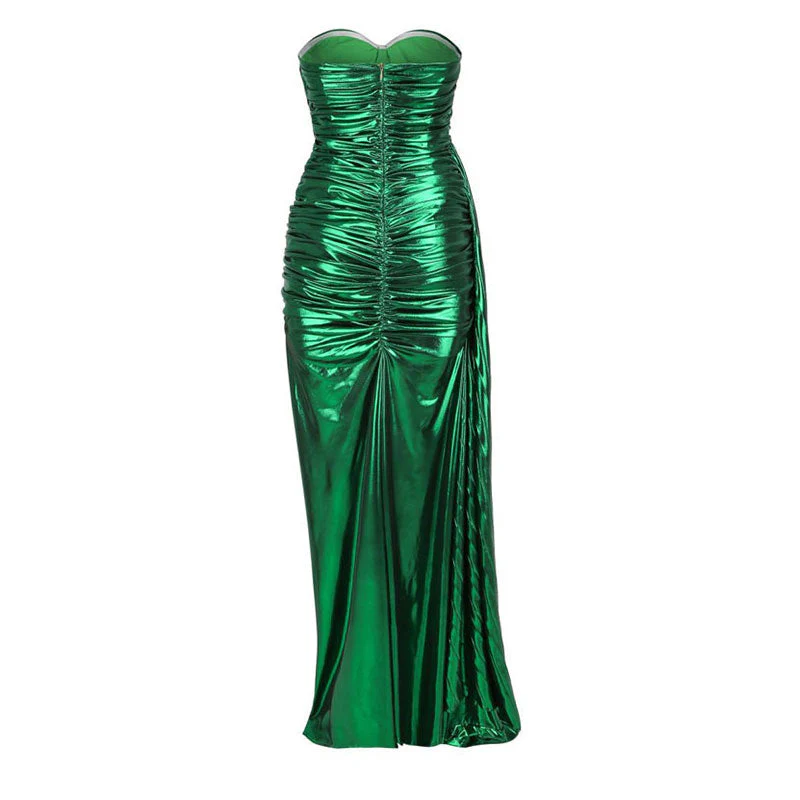 Metallic Draped Pleated Sweetheart Bustier Ruched Maxi Evening Dress - Green - Image 6