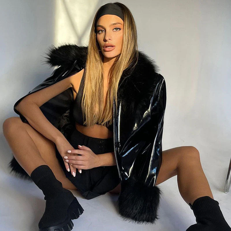 Metallic Faux Leather Long Sleeve Button Down Feather Jacket - Black - Image 2