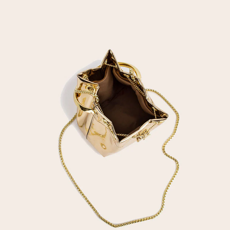Metallic Faux Leather Ring Handle Drawstring Crossbody Bucket Bag - Gold - Image 2