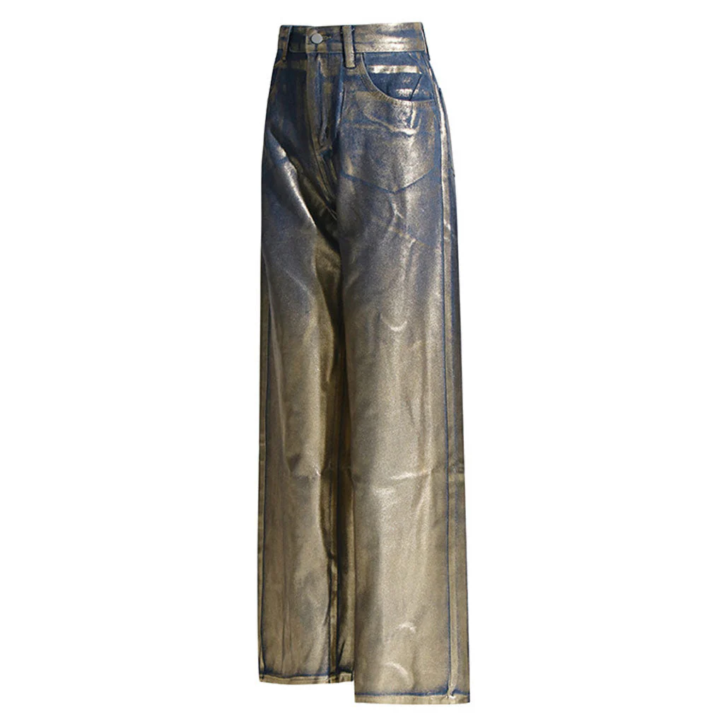 Metallic Foil Ombre High Waist Pocket Wide Leg Baggy Boyfriend Jeans - Image 3