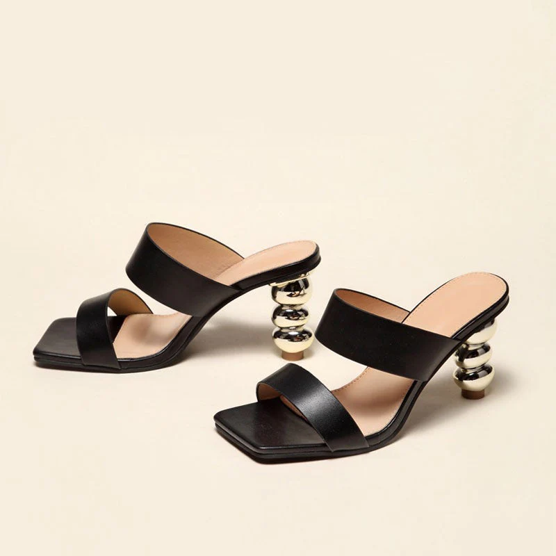 Metallic Geometric High Heel Square Toe Faux Leather Mule Sandals - Black - Image 2