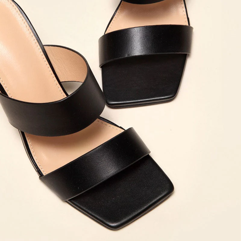 Metallic Geometric High Heel Square Toe Faux Leather Mule Sandals - Black - Image 3