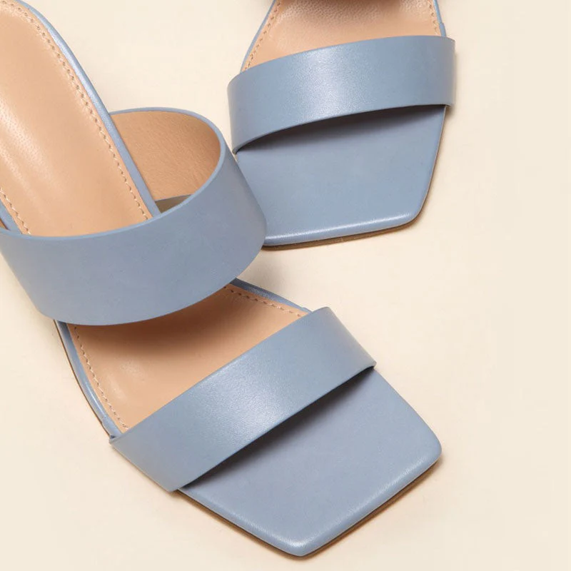 Metallic Geometric High Heel Square Toe Faux Leather Mule Sandals - Blue Grey - Image 3