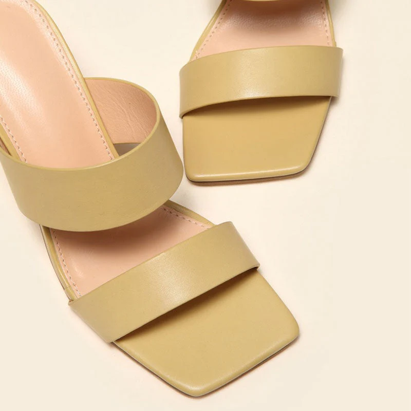 Metallic Geometric High Heel Square Toe Faux Leather Mule Sandals - Camel - Image 3
