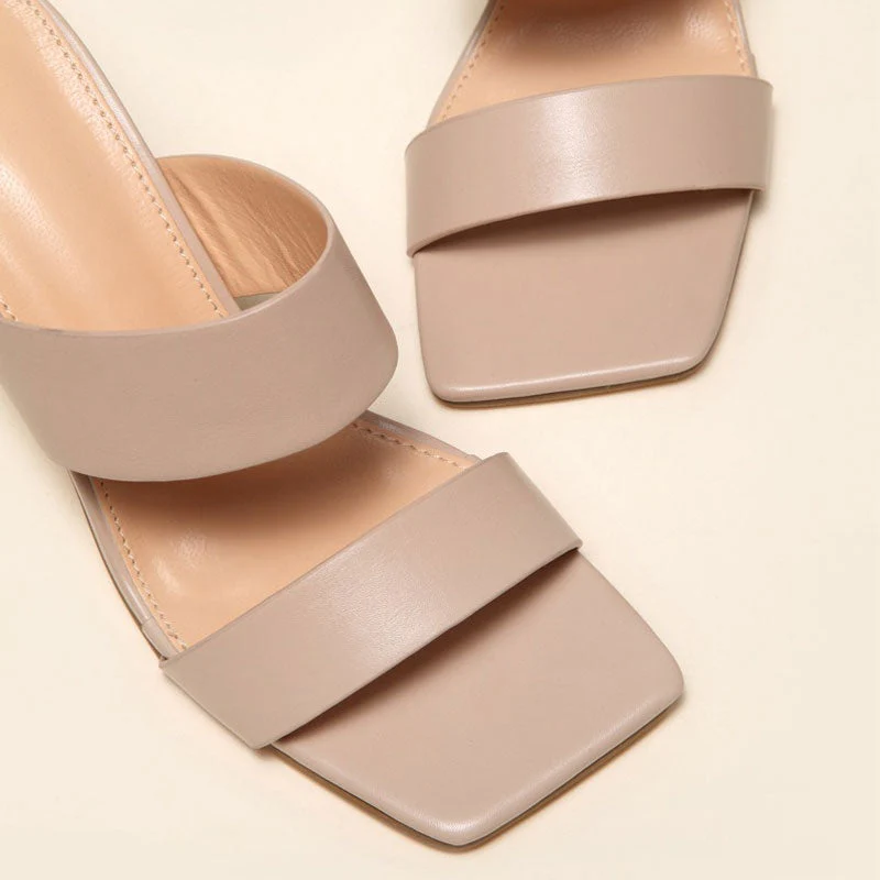 Metallic Geometric High Heel Square Toe Faux Leather Mule Sandals - Nude - Image 3