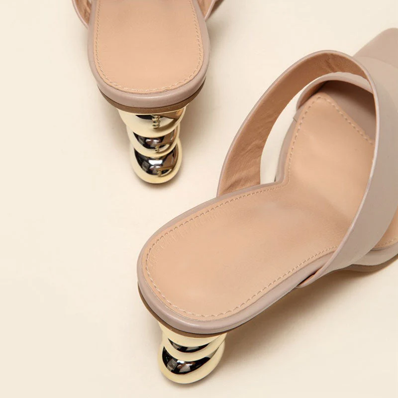 Metallic Geometric High Heel Square Toe Faux Leather Mule Sandals - Nude - Image 4