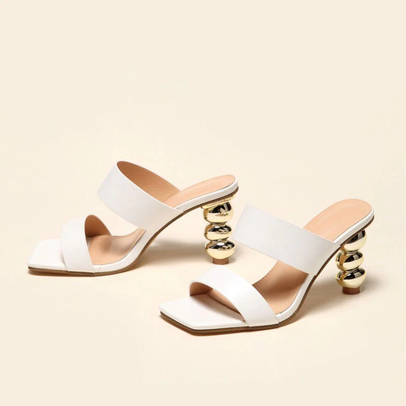 Metallic Geometric High Heel Square Toe Faux Leather Mule Sandals - White - Image 2