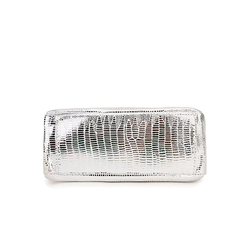 Metallic Laminated Leather Animal Pattern Double Zip Crossbody Bag - Silver - Image 2