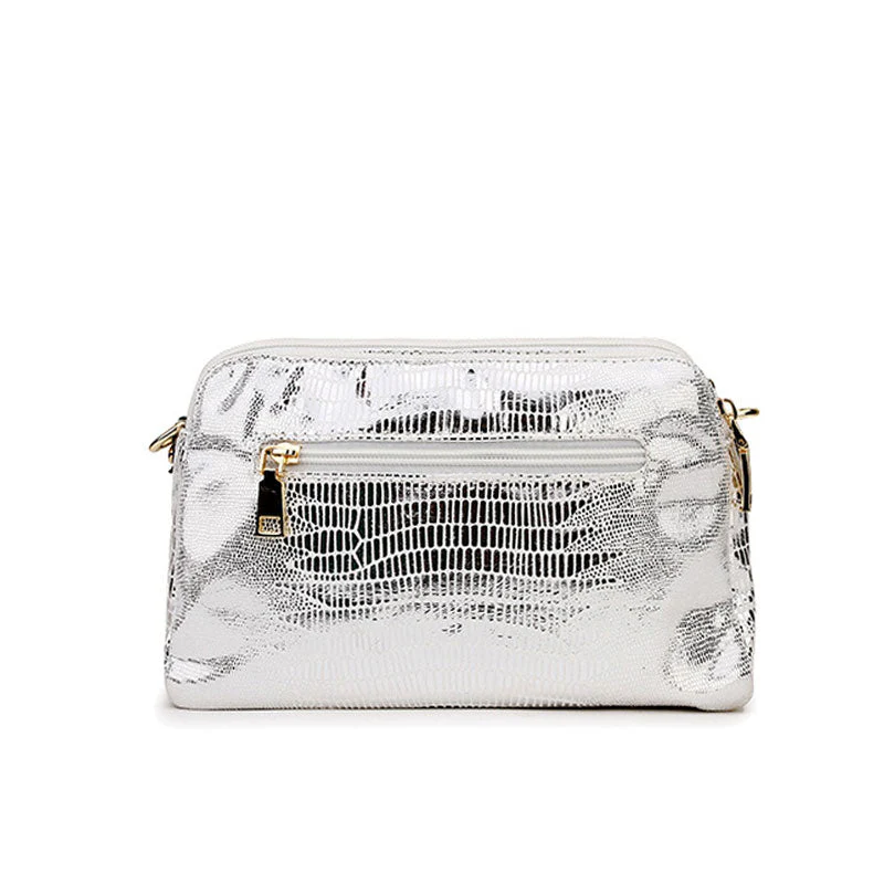 Metallic Laminated Leather Animal Pattern Double Zip Crossbody Bag - Silver - Image 3