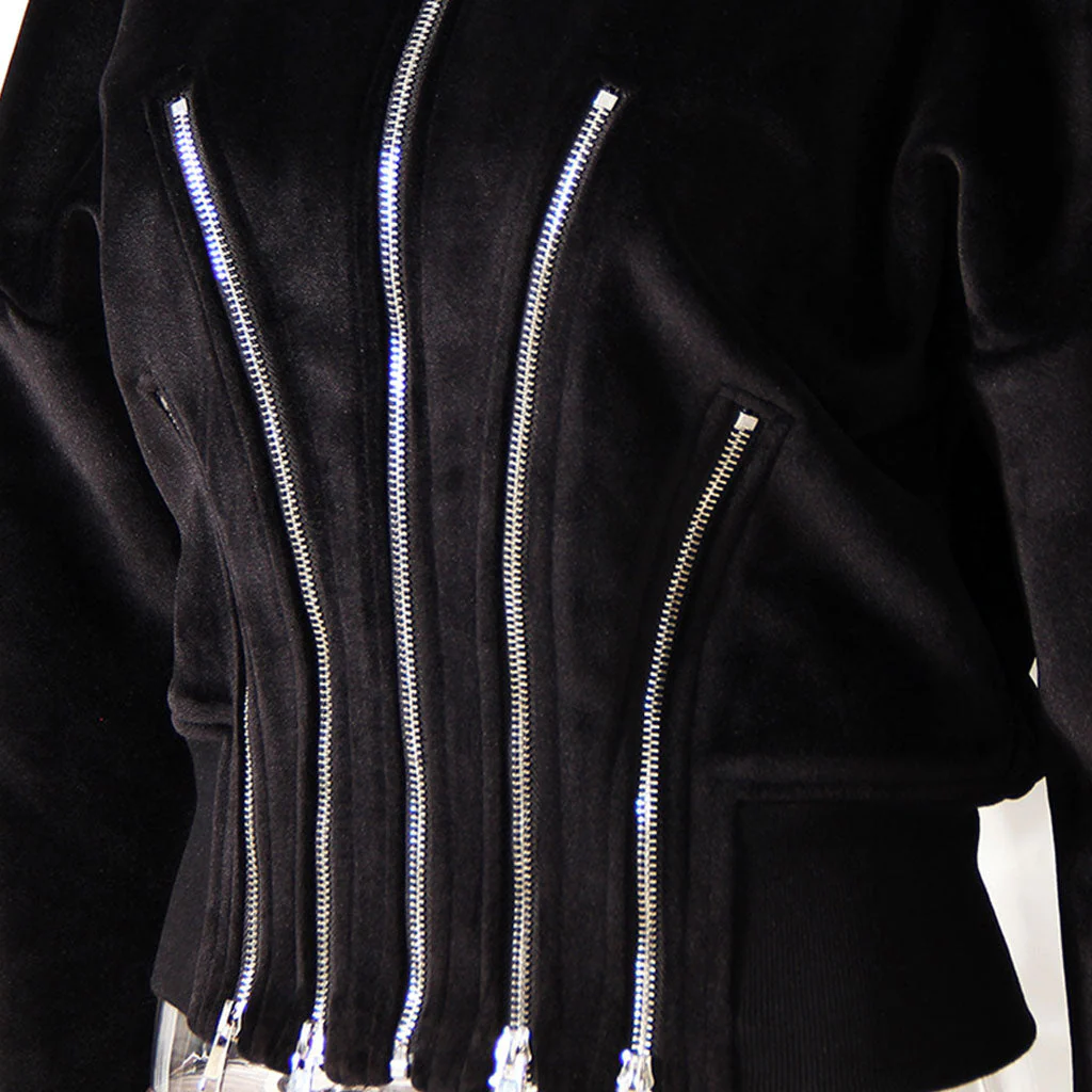 Metallic Multiple Zip Detail Long Sleeve Banded Crop Velvet Hoodie - Image 4