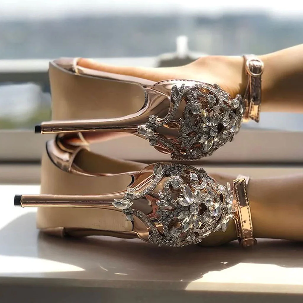 Metallic Patent Leather Open Toe Gem Stiletto Sandals - Champagne - Image 3
