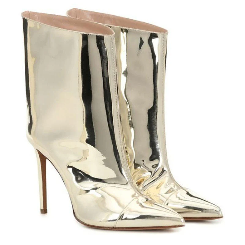 Metallic Patent Leather Pointed Toe Stiletto Ankle Boots - Gold - Image 2