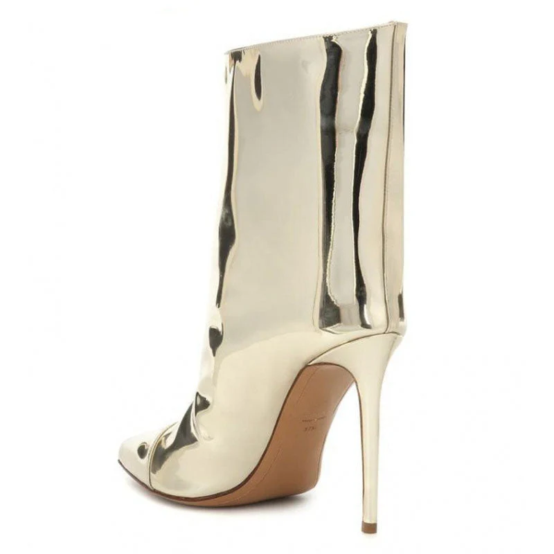 Metallic Patent Leather Pointed Toe Stiletto Ankle Boots - Gold - Image 4