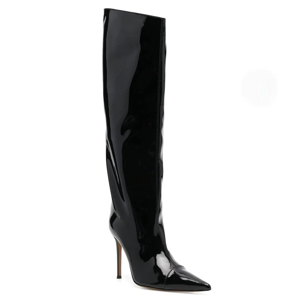 Metallic Pointed Toe Patent Leather Knee High Stiletto Boots - Black - Image 2