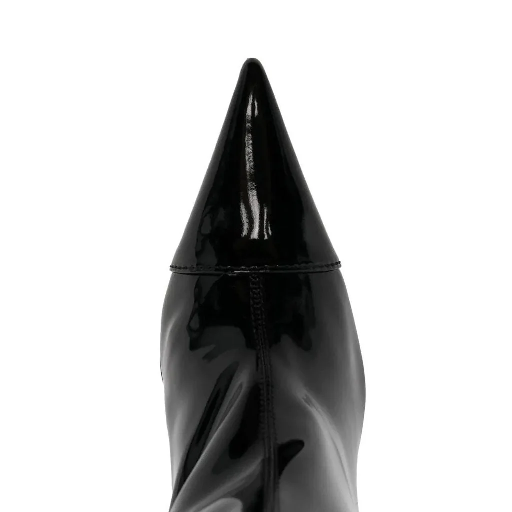 Metallic Pointed Toe Patent Leather Knee High Stiletto Boots - Black - Image 3