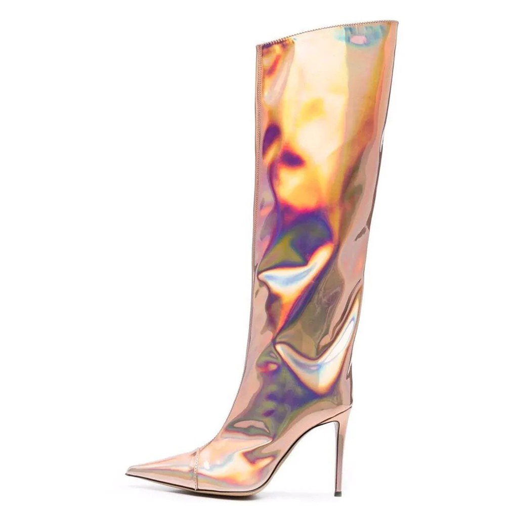 Metallic Pointed Toe Patent Leather Knee High Stiletto Boots - Champagne - Image 2