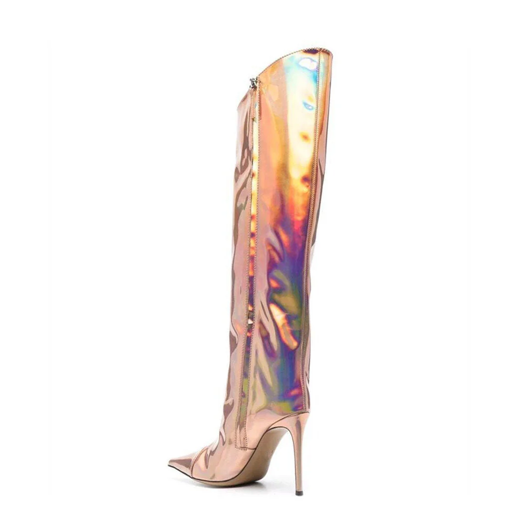 Metallic Pointed Toe Patent Leather Knee High Stiletto Boots - Champagne - Image 3