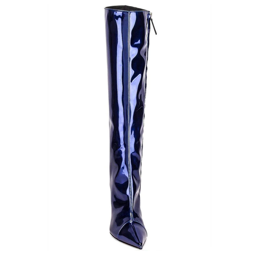 Metallic Pointed Toe Patent Leather Knee High Stiletto Boots - Dark Blue - Image 2