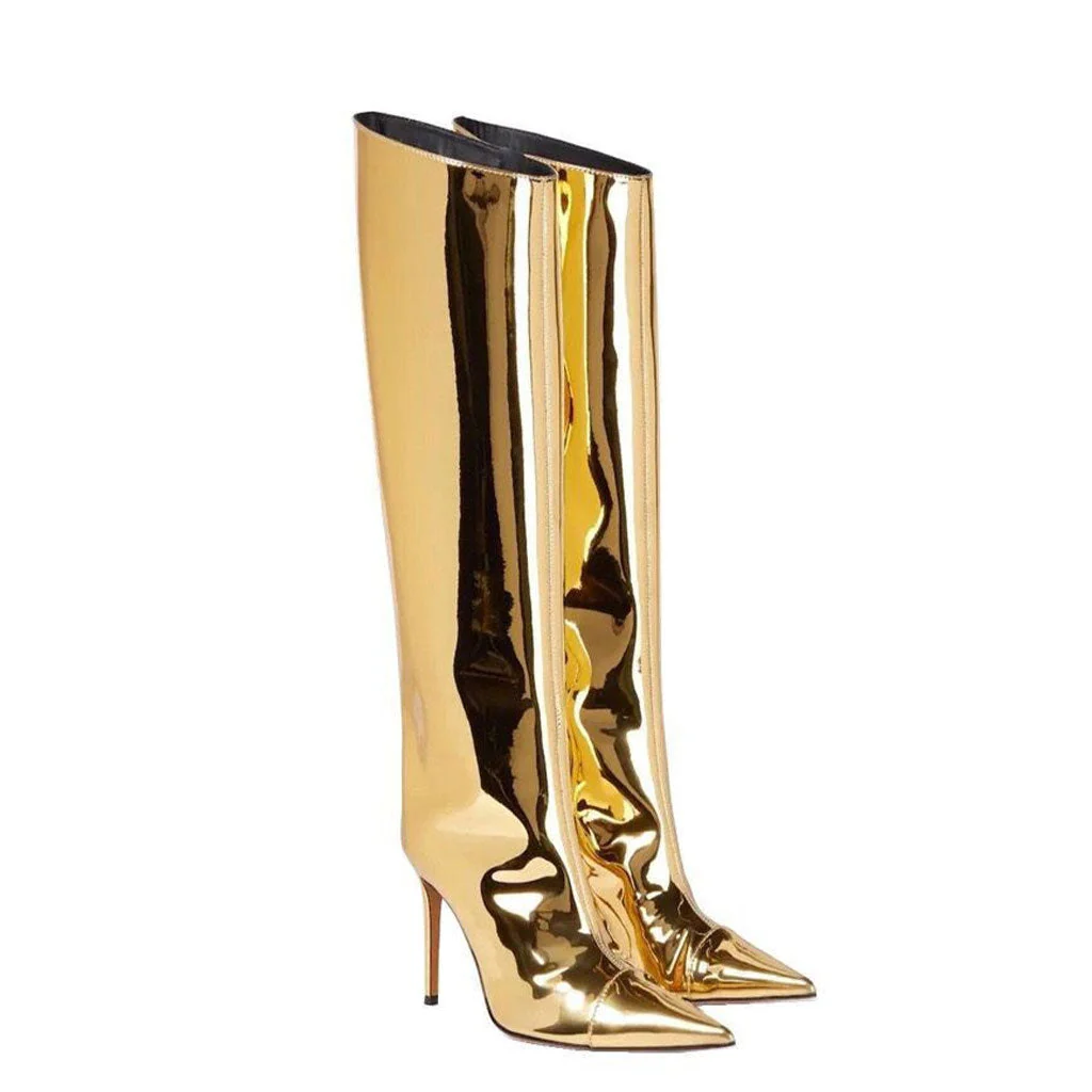 Metallic Pointed Toe Patent Leather Knee High Stiletto Boots - Gold - Image 2