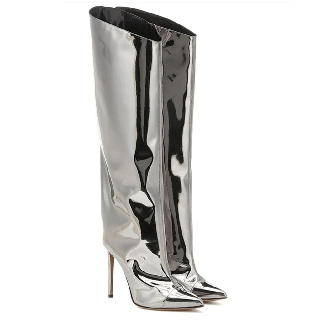 Metallic Pointed Toe Patent Leather Knee High Stiletto Boots - Silver - Image 2