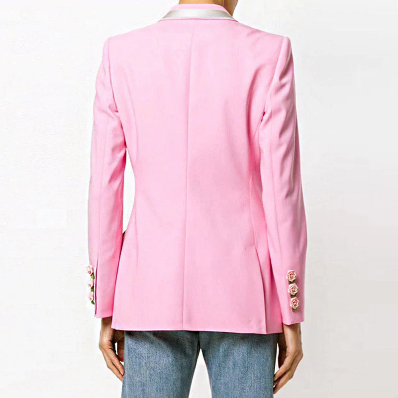 Metallic Rose Button Collared Long Sleeve Slit Blazer - Pink - Image 4