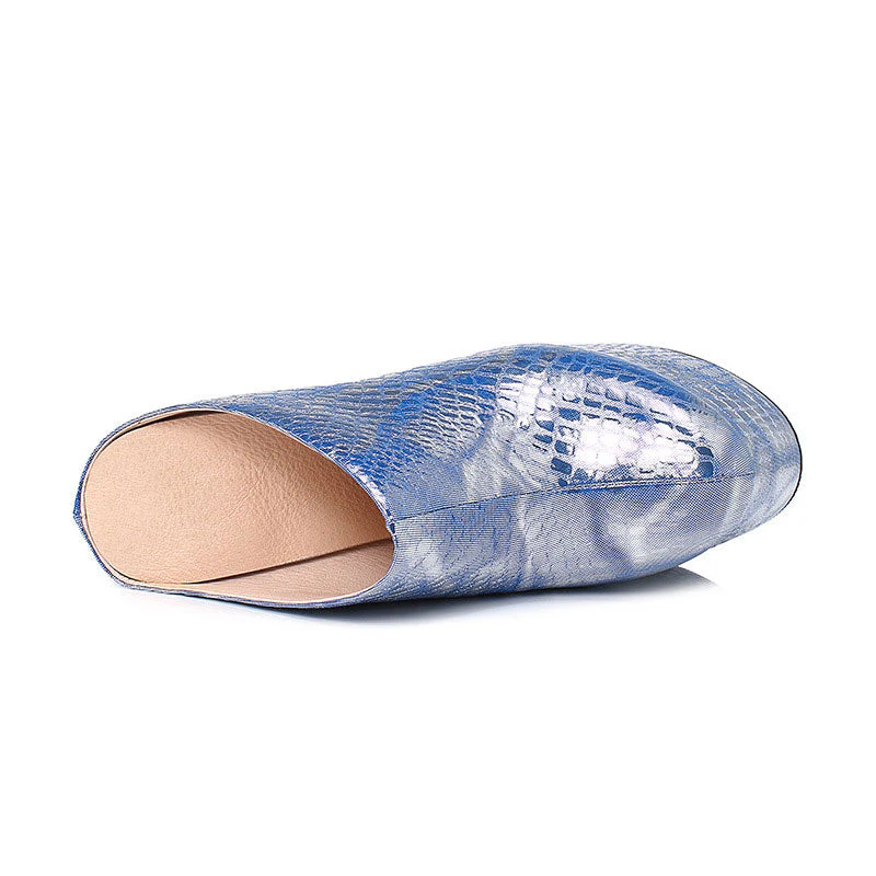 Metallic Round Toe Rock Textured Chunk Heel Platform Sandals - Blue - Image 3