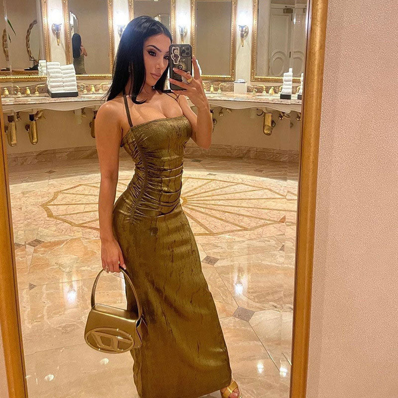 Metallic Ruched Halter Neck Sleeveless Bodycon Maxi Dress - Olive Green - Image 2