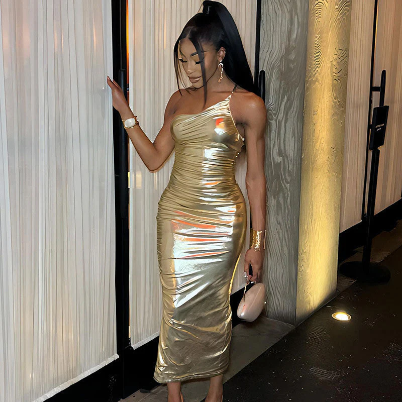 Metallic Ruched Spaghetti Strap One Shoulder Bodycon Party Maxi Dress - Gold - Image 2