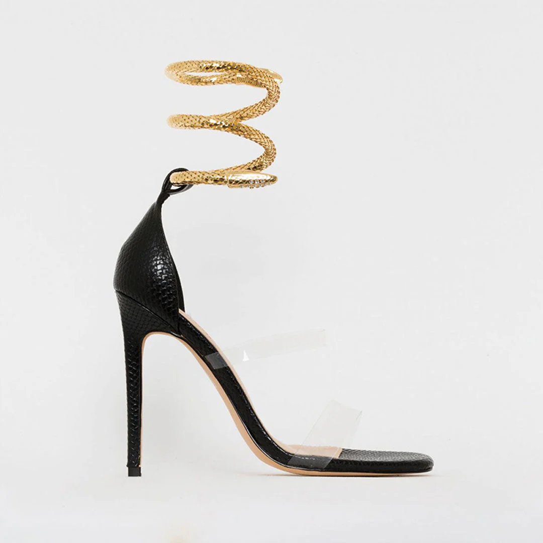Metallic Snake Ankle Wrap Open Toe PVC Strap Stiletto Sandals - Black - Image 3