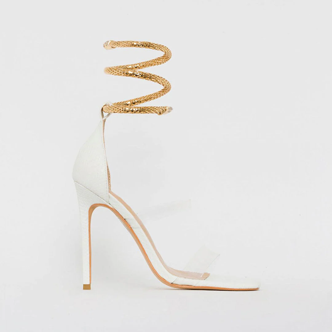 Metallic Snake Ankle Wrap Open Toe PVC Strap Stiletto Sandals - White - Image 3