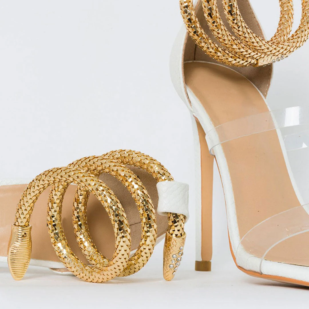 Metallic Snake Ankle Wrap Open Toe PVC Strap Stiletto Sandals - White - Image 4