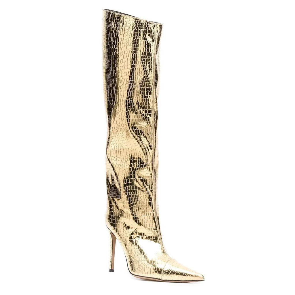 Metallic Snake Effect Pointed Toe Knee High Stiletto Boots - Gold - Image 2