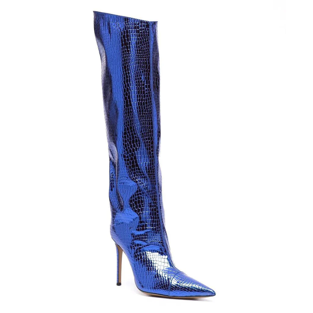 Metallic Snake Effect Pointed Toe Knee High Stiletto Boots - Klein Blue - Image 2