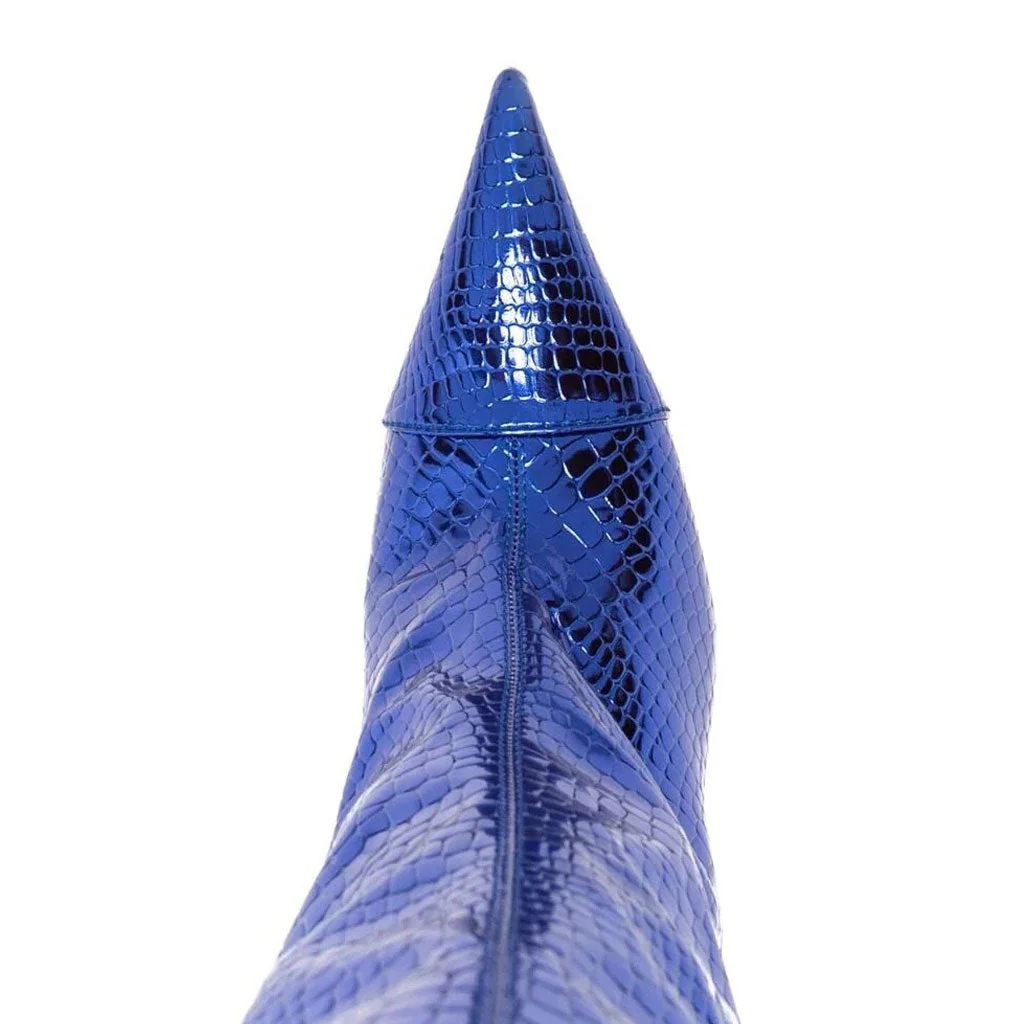 Metallic Snake Effect Pointed Toe Knee High Stiletto Boots - Klein Blue - Image 3