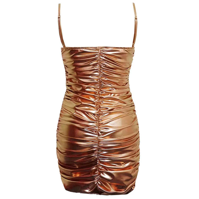 Metallic Spaghetti Strap Ruched Bodycon Club Mini Dress - Gold - Image 2