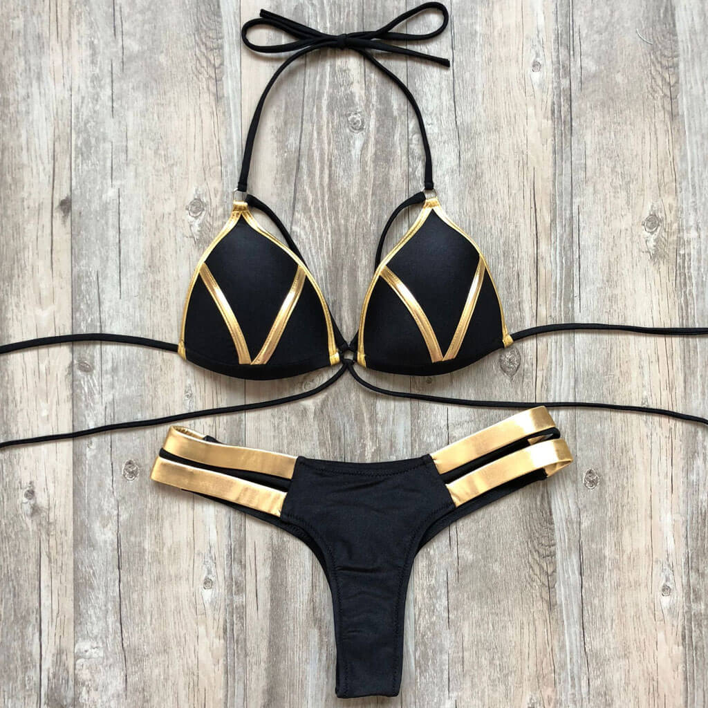 Metallic Strappy Thong Push Up Triangle Brazilian Bikini Set - Black - Image 2