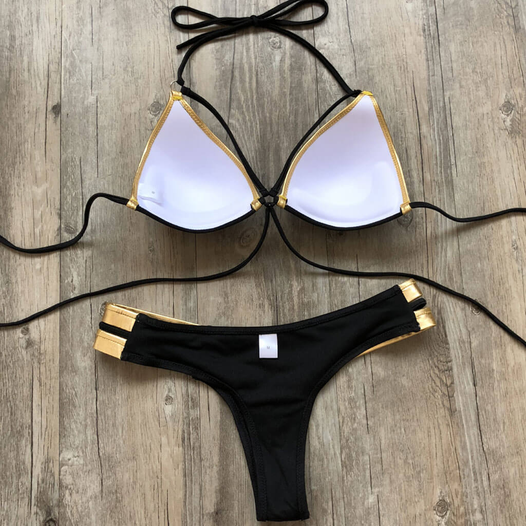 Metallic Strappy Thong Push Up Triangle Brazilian Bikini Set - Black - Image 3
